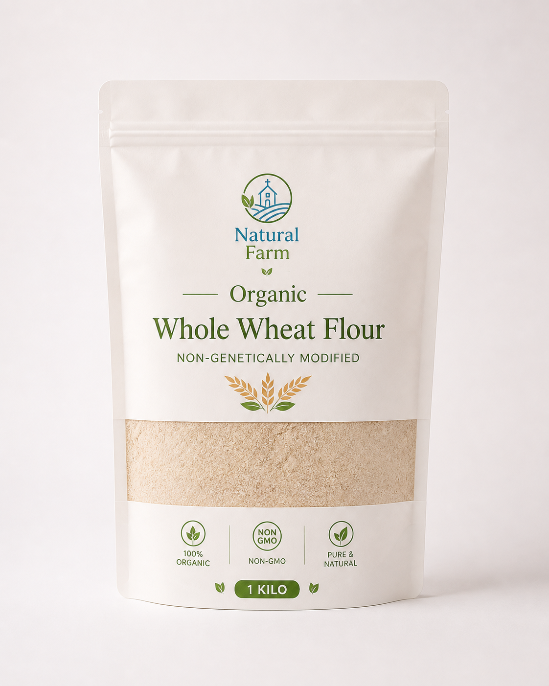 Organic, non-genetically modified whole wheat flour طحين القمح الكامل العضوي غير معدل وراثيا ١ كيلو
