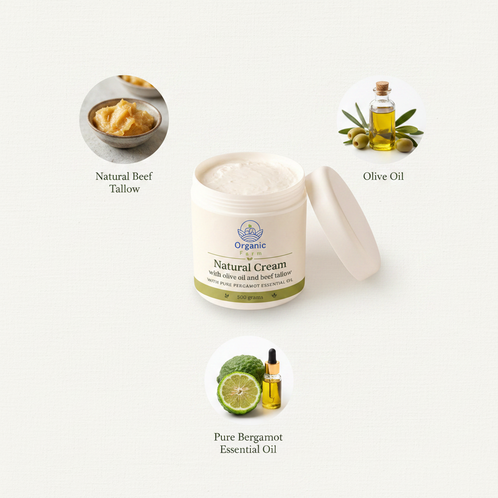 Natural cream with olive oil and beef tallow with pure pergamot essential oil كريم الجسم بزيت الزيتون وشحم البقر ٥٠٠ مل